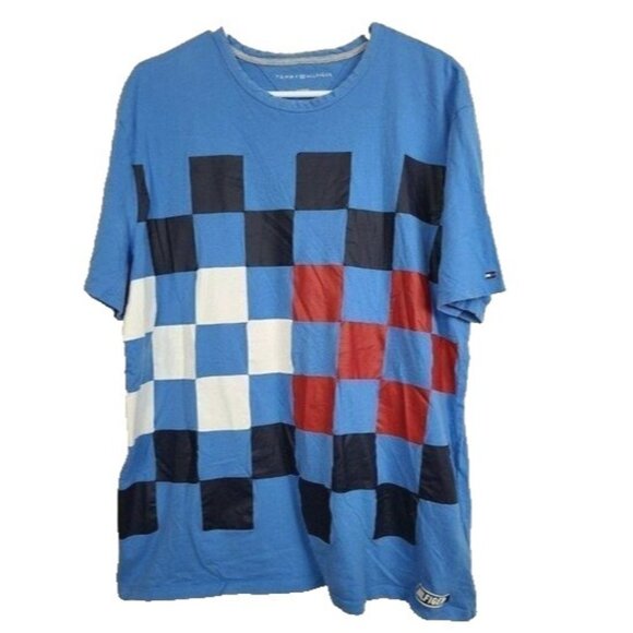 𝅺Vintage Tommy Hilfiger Mens T-Shirt XL Blue Checkerboard Short Sleeve Retro - Picture 1 of 8